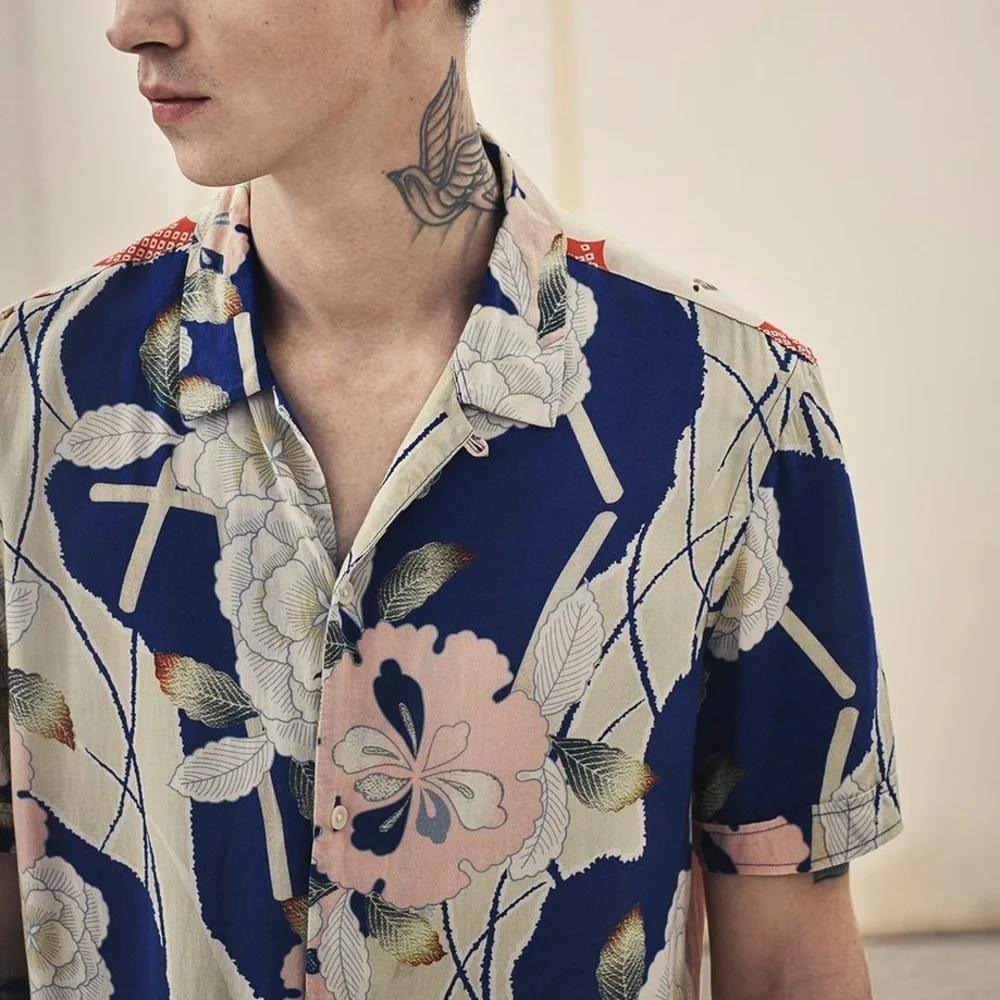 AllSaints Fuyugi Slim Fit Shirt Hawaiian Floral Patchwork Men Button Up Large
